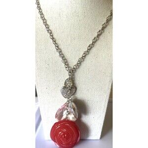 Coral Red Rose Pendant Necklace Silver Tone Hearts Pink Beads 28”